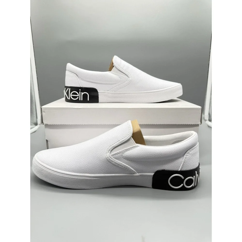 Calvin Klein Slip-On Sneakers RYOR2‎ Men's 9 White Leather CK Logo Casual Shoes